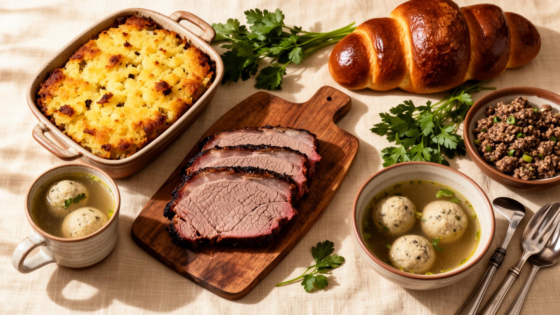 A holiday spread from The Kosher Nosh: brisket, kugel, matzo ball soup, and challah.